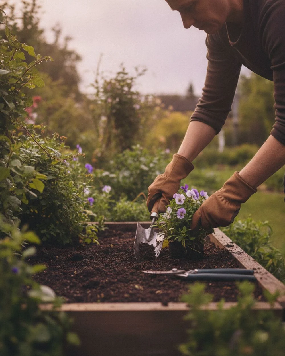 Gärtnerin pflanzt Blumen in ein Hochbeet, Gartenhandschuhe und Werkzeug im Einsatz